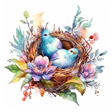Highly detailed watercolor clipart, floral Bird Nests springtime cute birds and blossoms, 2bird and eggs in bird's nest., fantasy, highly detailed, fantasy cartoon illustration, greenery, alcohol ink, Watercolor, UHD, 8K, 3D