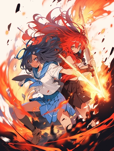 Poster, Ikki Tousen Unchou Kan'u Japanese manga series, paint art style, clipart, school background, superrealistic, one of a kind. The artwork features a dynamic, action - packed composition, with swirling energy blasts and dynamic poses adding to the sense of motion and excitement. The lighting is dramatic and moody, with deep blues and purples creating a sense of tension and danger. The overall mood is one of fierce determination, as Frieza battles to overcome his opponents.