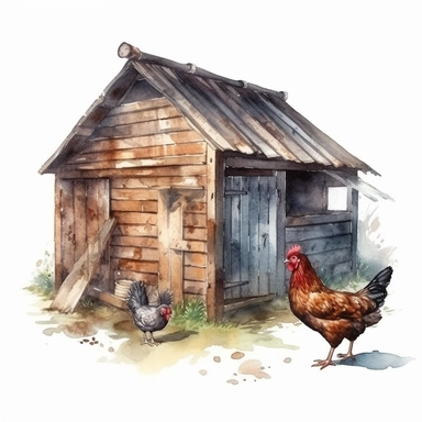 On a white background, watercolor chicken house clipart ultra realistic detailed