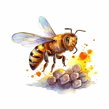 watercolor, A honey bee hovering near a beehive entrance, carrying a load of pollen on its hind legs, with a focused expression, with a honeycomb pattern as the coat or attire. (Digital drawing clipart, image black border color, full body, flat texture, transparent background, disney style)