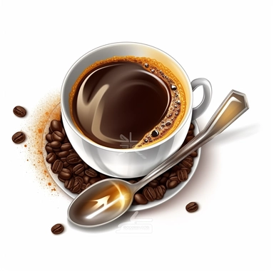 illustration of a cup of coffee, crisp, add embeliishments like tables spoons steam, beautiful, artistic, coffee, clipart, isolated on white background