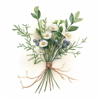 wild flowers with long stems tied together with string made of thin rope to make a bouquet, super-realistic, detailed, watercolor, light colors, clipart, minimalist, lots of green leaves
