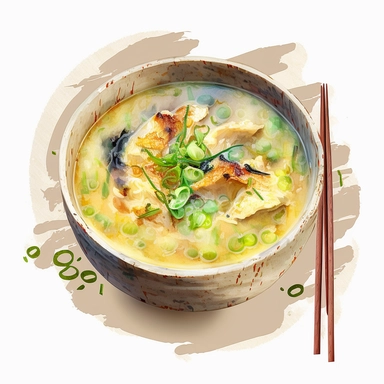 chinese food, a bowl of steaming chinese egg drop soup with spring onions on top, no chopsticks, with a neutral background, clipart, watercolour style