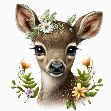 a cute baby deer, with beautiful big eyes, vectorial clipart, sublimation, vegetation around, flowers on the head