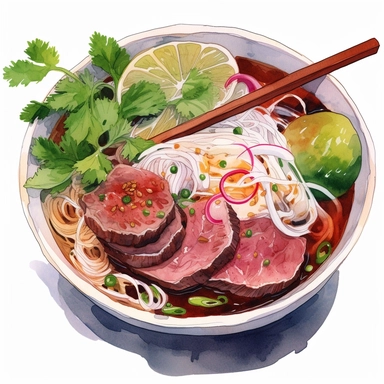 watercolor, hyper realistic, white background, white margins, 16k, ultra detailed clipart, cut out image, hand-drawn a bowl of traditional Vietnamese phở, a fragrant noodle soup with tender slices of beef or chicken, fresh herbs, bean sprouts, and lime. in the style of anime art, frostpunk, photo-realistic drawings, villagecore, lively and energetic, high quality, anime