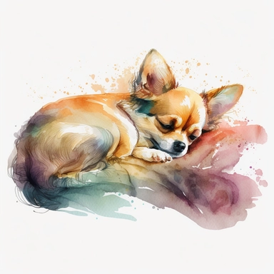 Long-fur chihuahua dog sleeping on bed, semi-watercolour clipart illustration, vivid, clean, crisp, smooth, semi-dark background