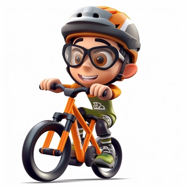cartoon chibi boy riding a mountain bike downhill in action, smiling, wearing a bicycle helmet with straps,full body, downhill bicycle clipart, Sport graphics, isolated on white background, 3d, rendered by pixar