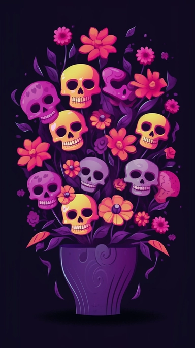 create a funny flowers bouquet, magenta and purple petals, as Halloween, bright green stem, black background, tiny purple bats flying around the flowers, and some tiny funny Catrina skulls for Halloween over emery flower, clipart,
