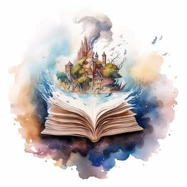 Fantasy book with Echoes of Destiny: A fateful journey shaped by prophetic whispers and hidden prophecies, watercolor, clipart, white background