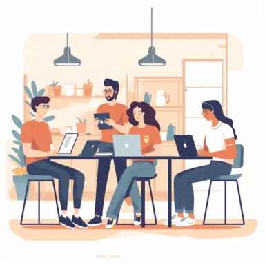 un groupe de personnes dans un coworking en train de travailler sur un ordinateur, santé, new technologies, logo, clipart, 2D, vector, flat, white background