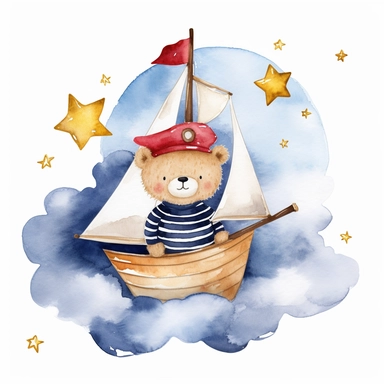 dreamy dark night sky clouds and a swarm of golden stars. a cute plushie sailor bear in a blue and white striped shirt and a sailor hat and a small red bowtie, in a wooden sailboat with a white sail, sailing on fluffy clouds, not sea. prominent visible brush strokes, watercolour texture, watercolor clipart png on white background