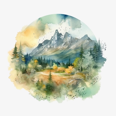 watercolor clipart of a gorgeous spring mountain in shades of lush green, gentle blue, sunny yellow, and soft earthy tones on white background, png, high quality, 4k