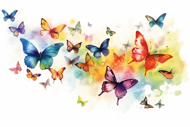 watercolor, multple flying butterflies, colorfull, sit on flower, high click conversion, new color, clipart, hd, on white background