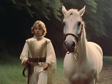 arthur as a young squire is walking next to a white horse, medieval clothing, vhs clip of 1981 movie the grail, in the style of home video, thumbnail