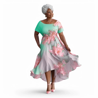 Full body front facing image of a beautiful mocha full-figured black woman with gray hair, wearing a flattering floral pink and mint green dress, high heel shoes, clipart, HD, hyper-realistic, natural look, vibrant colors, 3k resolution, white background