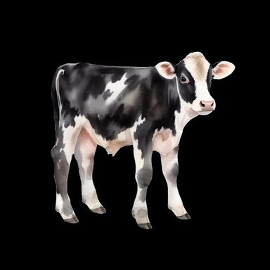 beautiful watercolor Clipart of a baby dairy cow full body isolated on a black background