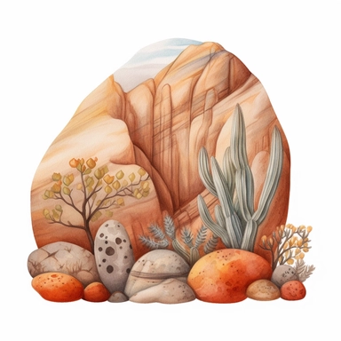 Watercolored pencil style illustration, a desert rock with natural decorations, brown orange beige grey, isolated on a white background, PNG file clipart style, Dennis Wojtkiewicz, Amanda Clark, Lowell Herrero,