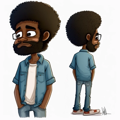 front, side rear view, Draymon, 40 year old black man, illustration for children's book, multiple images facing backwards full body, rear view full body only, no face, afro, back, heal, hair, 40 years old, curly black and gray faded flat top afro, large eyes, wearing blue jeans, blue colar shirt, brown shoes, full beard, full lips, Watercolor Clipart, strybk, full Illustration, 4k, sharp focus, watercolor, smooth soft skin, symmetrical, soft lighting, detailed face, watercolor style, strybk, Oct