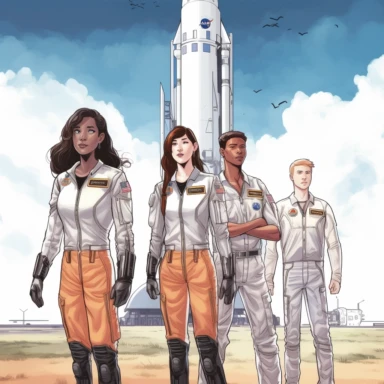four teen astronauts standing in front of NASA Artemis Rocket Launch site, illustration for book, graphic novel, Watercolor Clipart, strybk, full Illustration, 4k, sharp focus,