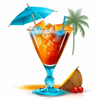 colorful cocktail apricot blue curacao syrup decorate with small palm trees and little umbrella digital clipart on white background