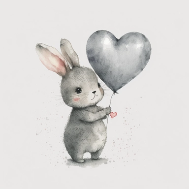 aquarell clipart, a gray little bunny, holding a heart shaped balloon, on a white background