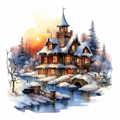 Christmas eve, style by Thomas Kinkade, watercolor, smooth gradients, black contour outline, ultra detailed, clipart elements, vibrant colors, solid white background, super clear, high quality