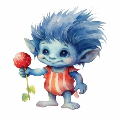 a watercolor, cute troll, hair standing up, blue hair, little nose, precious moments, adorable, holding watermelon, summer, clip art, contrasting colors, white background.