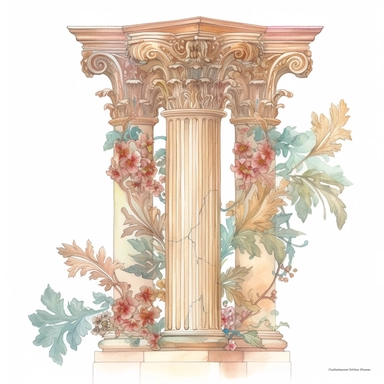 An elegant watercolor clipart illustration featuring Corinthian Greek column, showcasing their iconic architectural beauty. This clipart artwork captures the grace and intricacy of Corinthian column, known for their ornate capital adorned with acanthus leaves. The watercolor medium adds a soft and ethereal quality to the illustration, with delicate brushstrokes and subtle washes of color that enhance the classical aesthetics. The vibrant hues and subtle variations create a sense of depth and dim