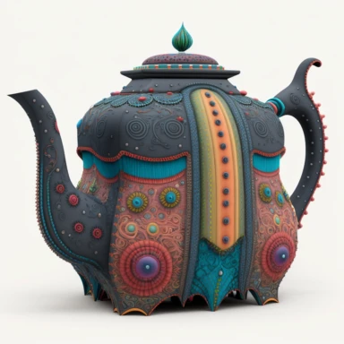 3D patchwork clipart, mutant steampunk giger, stitched fabric tea pot, colorful die cut sticker, patchwork quilted mechanical teapot, 3D, HD, unreal engine, 8k, centered