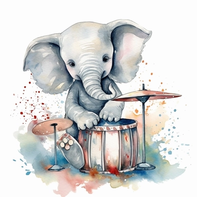 Create a watercolor illustration clipart of a playful cute Baby Elephant Playing drums with the stick, with its full body visible. Use soft, flowing brushstrokes and a warm, inviting color palette to create an image that is both charming and whimsical. Incorporate intricate details like the motion of Baby Elephant Playing drums with the stick to create a lifelike, realistic image. Can add other elements to the illustration like related item to play to create playful scene. Use white background t