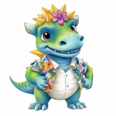 summer, cute Dinosaur wearing a Hawaiian shirt, cute pose, watercolor illustration for kids and children, clipart, sublimation, white background, brightly colored style, realistic color schemes, luminescent color scheme