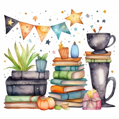 Whimsical watercolor clipart, back to school banner, set of graphics, including black board, stack of books, stationery items in a rusty cup, paint, notebook, bunting, stars and dots, white background