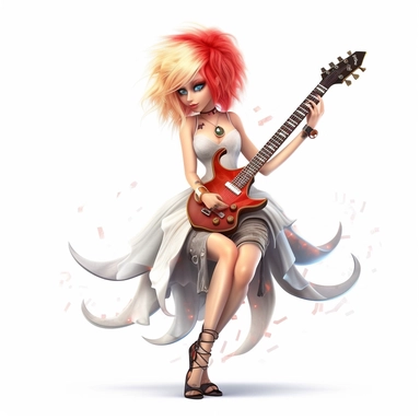 a beautiful fairy, punk rock star with guitar, cartoon, big wings, clipart, white background