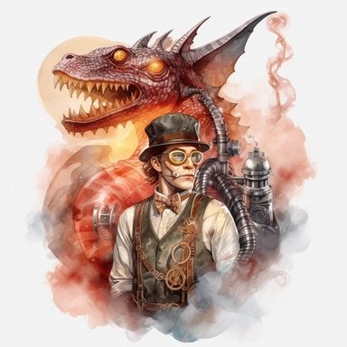 Create a realistic watercolor portrait of a steampunk circus master wearing a gas mask and goggles, standing in front of a mesmerizing mechanical fire-breathing dragon, transparent background, clipart, clear outlines