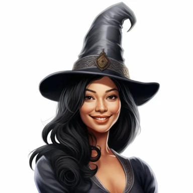 beautiful asian victorian witch with black hair wearing a pointed witch hat, looking left, victorian hairstyle, victorian witch hat, Victorian era clothing, beatiful smile, realistic inverted portrait white background, high quality, hyper-realistic, witch Clipart,white dress