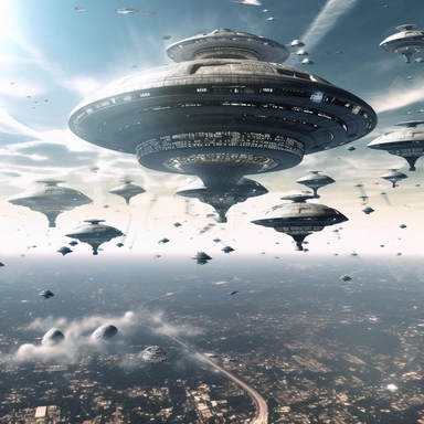 Clipart, A fleet of alien spaceships approaching Earth, hyperrealistic, hyper high definition