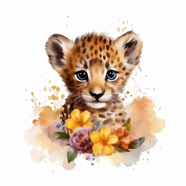 cute baby leopard , watercolor, in the style of traditional oil painting, clipart, surrounding by summer flower