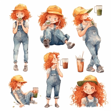 multiple poses characters of a girl around 4 years old wearing dungarees and with orange curly hair and sleeping on a big glass of bubble tea, watercolor in medieval cartoon grunge style clipart on white background
