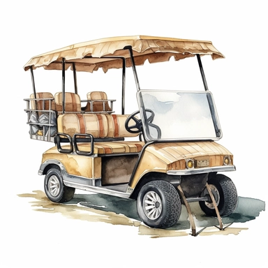 Idyllic watercolor clipart of a luxury high end golf cart on isolated on a pure white background, insane detail,