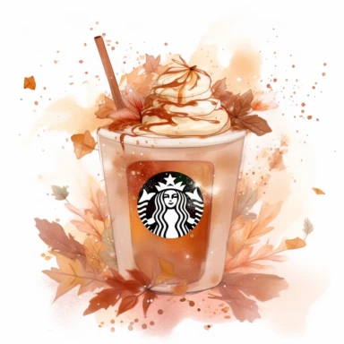 watercolor clipart starbucks pumpkin spice latte 2017, in the style of soft crosshatchings, dark brown, dreamy romanticism, uhd image, fairycore, sōsaku hanga, natural fibers