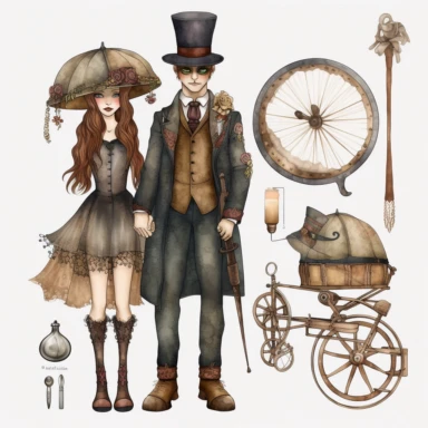 steampunk married couple watercolour, clipart