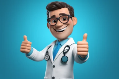3D rendered cartoon character of a smart doctor wearing glasses, confidently giving a thumbs up. Set against a vibrant blue background, perfect for medical clip art or health-related designs , Transparent white background, png, stock photo, high resolution,