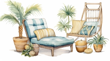 Watercolor clip art, Serena and Lily inspired, Editorial Style photo, Mid-range view, Artistic, Eclectic, Tropical plants and lounge chaise furniture, Varied and eclectic, Medium level of detail, Diverse and vibrant, Luxury bohemian resort brand, Soft and diffused, Beachfront, Afternoon, Bohemian and free-spirited, Eclectic and vibrant, on a white background, no shadow, shot on 70mm lens, Canon camera, 8k, spaced out, stylize 1000,