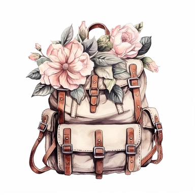 hand drawn , watercolor, hyper realistic, white background, white margins, 16k, ultra detailed clipart, cut out image, hand-drawn, ultra HD, sharp and clean art a vintage backpacker with delicate floral , capturing the romantic and feminine aesthetics oft