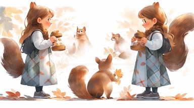 squirrel and Acorn, Little girl exploring, illustration for book, children's book, 2 clipart, fiorucci angels, beautiful decoupage paper, pastel colors, white background clipartm, fantasy art, squirrel ears, perfect eyes, detailed body, Watercolor Clipart, strybk, full Illustration, 4k, sharp focus, watercolor, smooth soft skin, symmetrical, soft lighting, detailed face, concept art, watercolor style, strybk, children's style fairy tales, chibi kawaii, Octane rendering, 3d. Perfect face, detaile