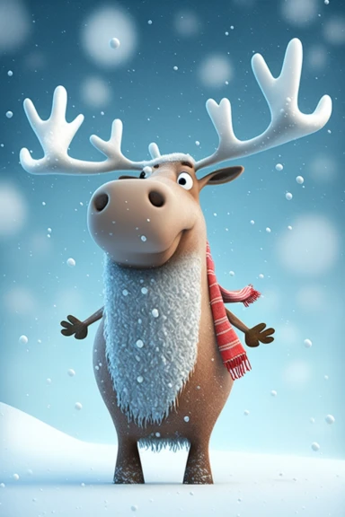 no text, winter wonderland background with snow and snowflakes, 3d whole body clipart of a smiling, friendly elk, wearing a santa clause hat, christmas vibes, cartoon network style, friendly face, head unproportionally bigger than body, detailed body shape, front shot, insanely big shiny eyes, caricatured face, insanely glossy, plastic like fur and skin, unrealistic, 8k photography, cinematic, super cute face, Photography, Ultra-Wide Angle, Depth of Field, hyper-detailed, beautifully color-coded