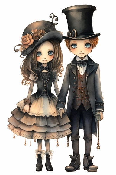 watercolor mixed media goth steampunk boy and girl entire body in goth steampunk wedding décor illustration clipart by holly hobbie
