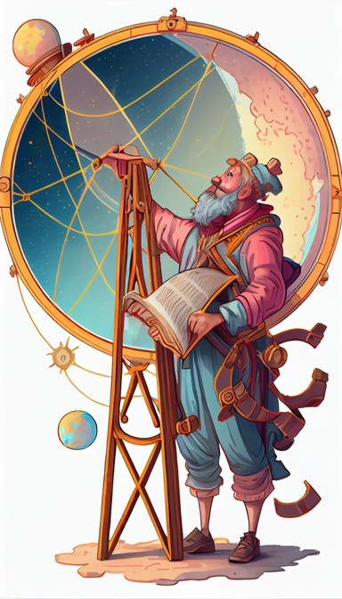 the handsome astronomer held up the astrolabe as he calculated the height of the heavenly bodies above the horizon, high definition, high aperture, clear hyperfocused, cartoon, clipart, detailed