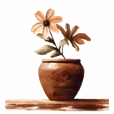 brown Flower inside a brown wood Pot Clipart in the style of oil painting, clean lines on a white background