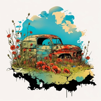 a field of plants and grass with yellow flowers, a massive cloud in the background and a an old broken down red truck in the middle of the field with mould on the paint and plant life growing inside it on a nice summers day, floral illustration vector clipart alcohol ink,--v 5